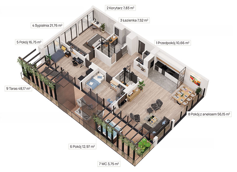 Rzut apartamentu A-107 z tarasem 48,17 m²